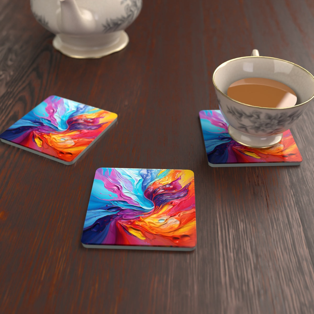 Rainbow Paint Swirl Square Glass Coasters – Set of 6 – lifestyle mockup with a teacup