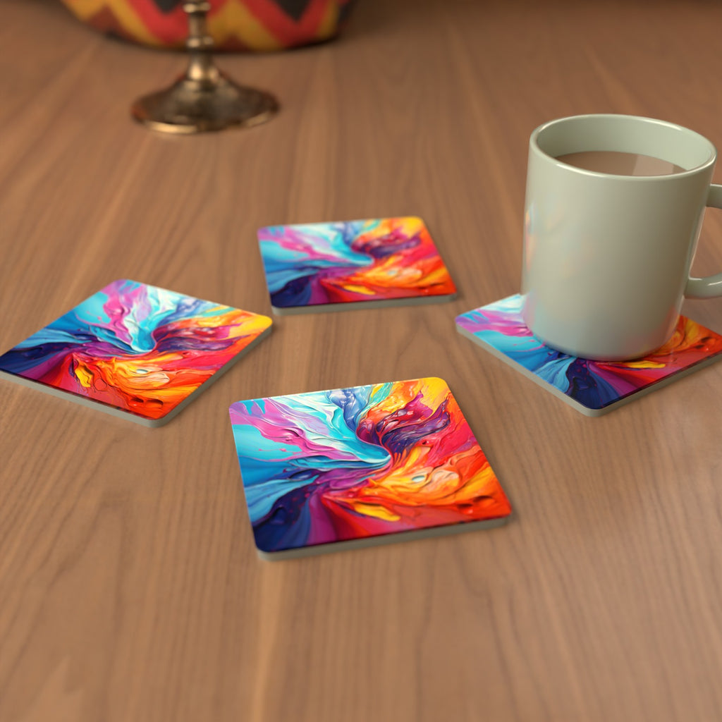 Rainbow Paint Swirl Square Glass Coasters – Set of 6 – cosy lifestyle mockup