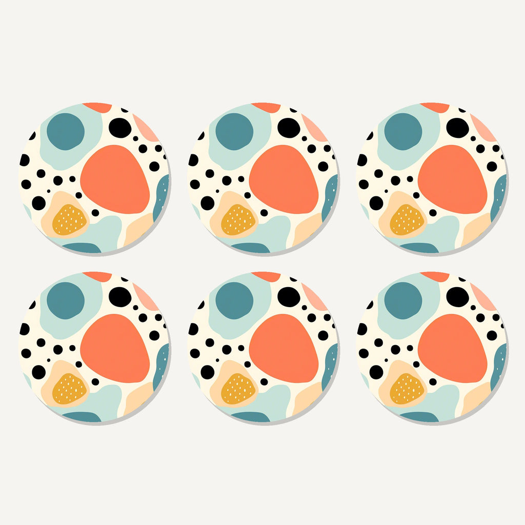 Flat lay of the boho blobs & dots artwork on six round coasters