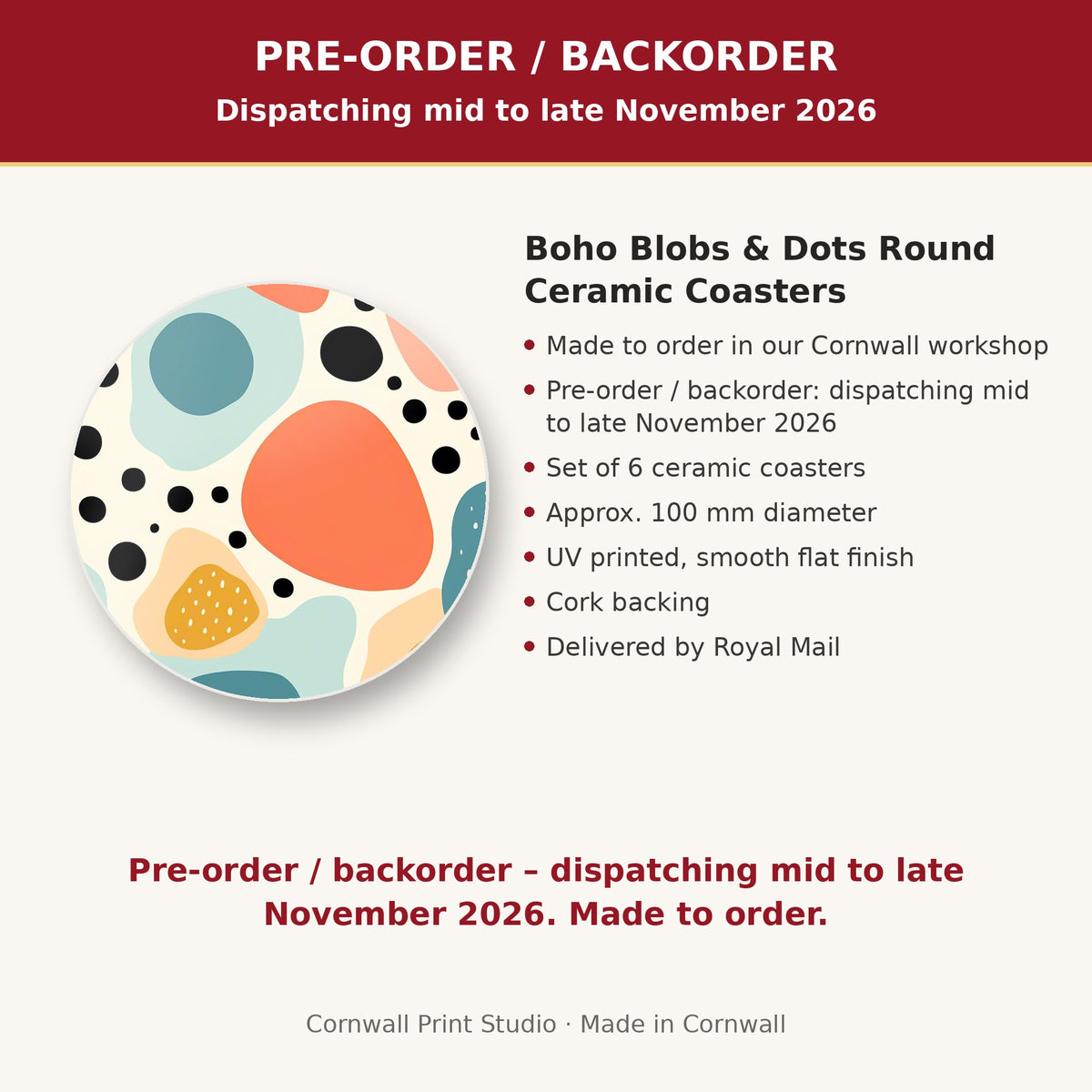 Info card: Boho Blobs & Dots Round Ceramic Coasters – Set of 6, made to order, dispatching mid to late November 2026, delivered by Royal Mail