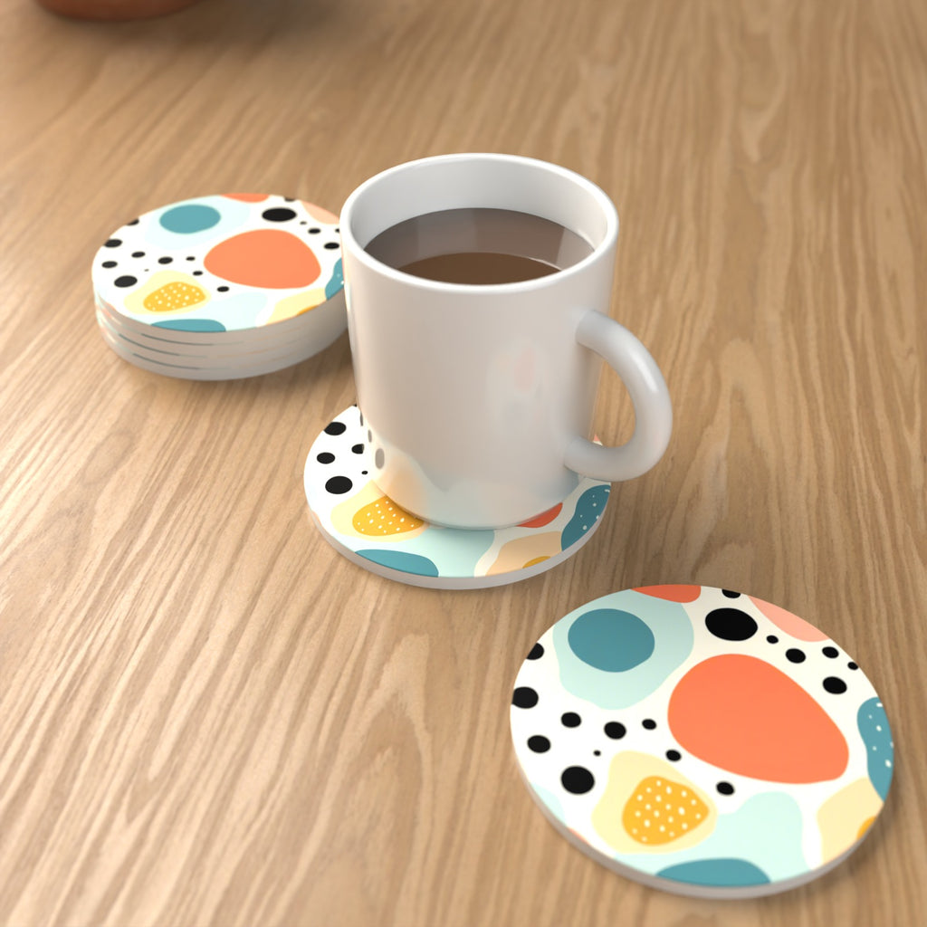 Boho Blobs & Dots Round Ceramic Coasters – Set of 6 – lifestyle mockup with a mug of coffee