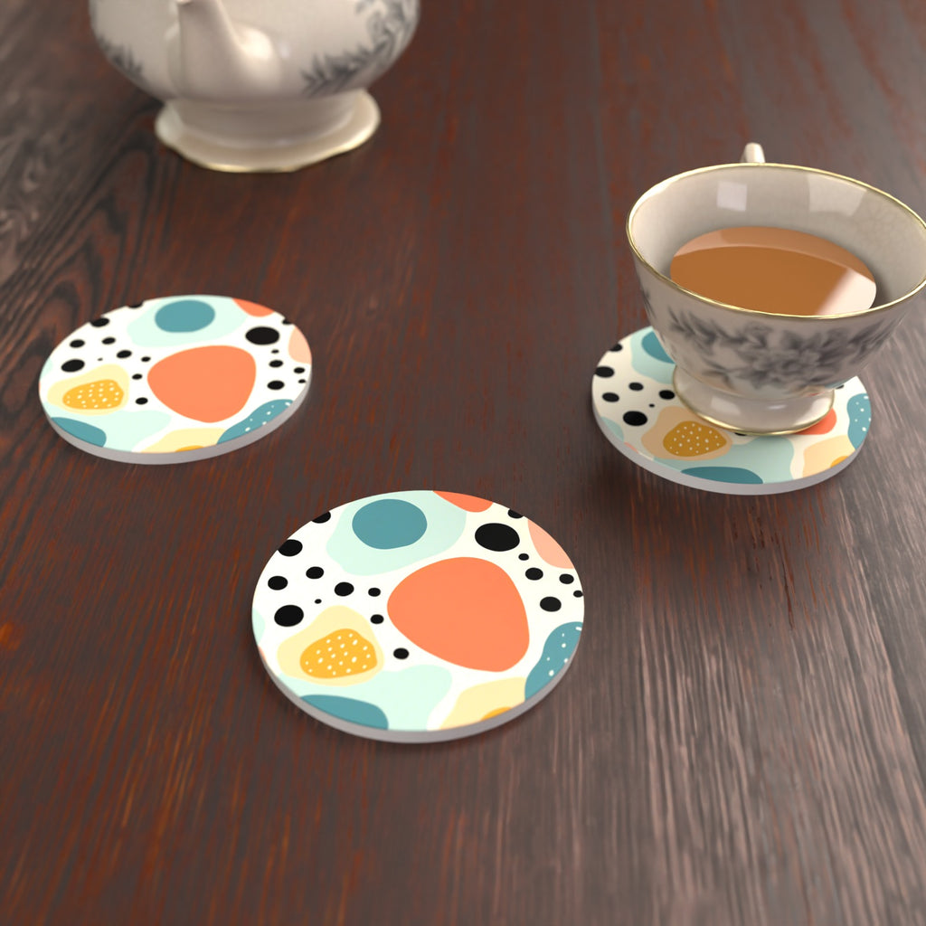 Boho Blobs & Dots Round Ceramic Coasters – Set of 6 – lifestyle mockup with a teacup