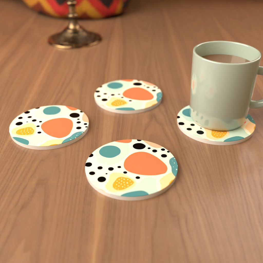 Boho Blobs & Dots Round Ceramic Coasters – Set of 6 – cosy lifestyle mockup