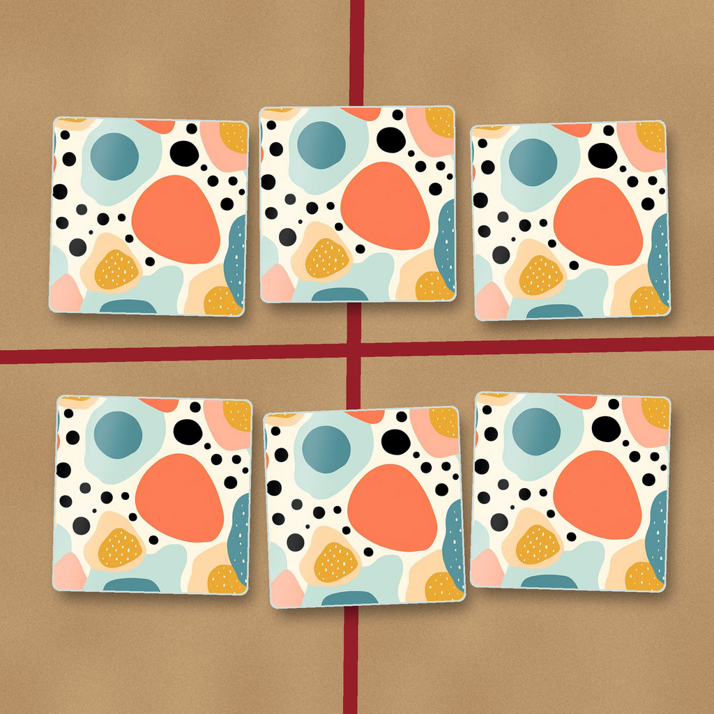 Boho Blobs & Dots square glass coasters on kraft gift wrap