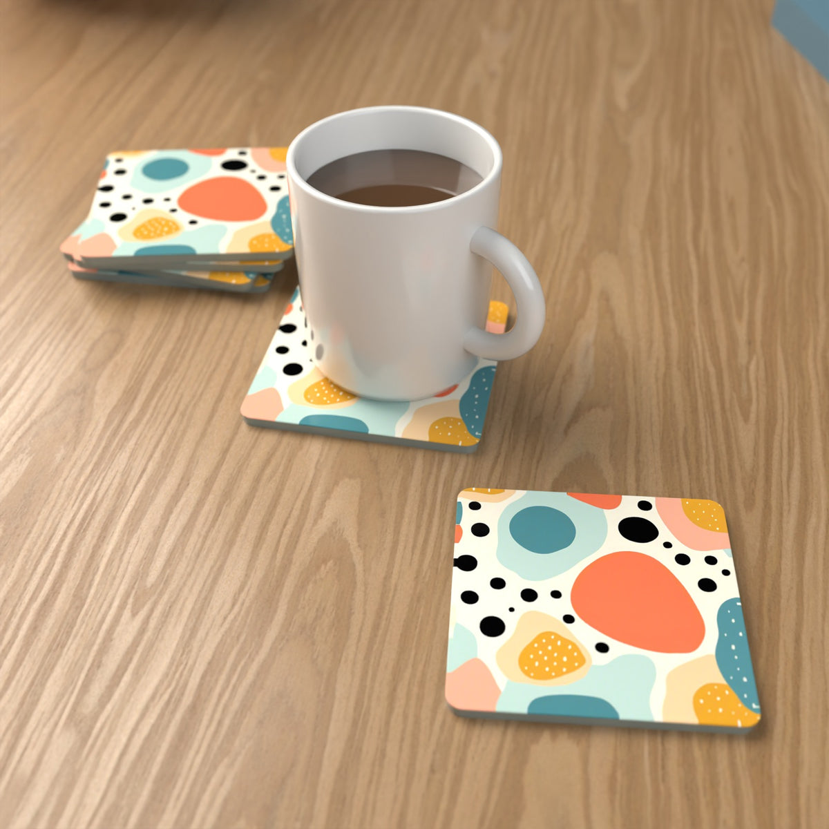 Boho Blobs & Dots Square Glass Coasters – Set of 6 – lifestyle mockup with a mug of coffee