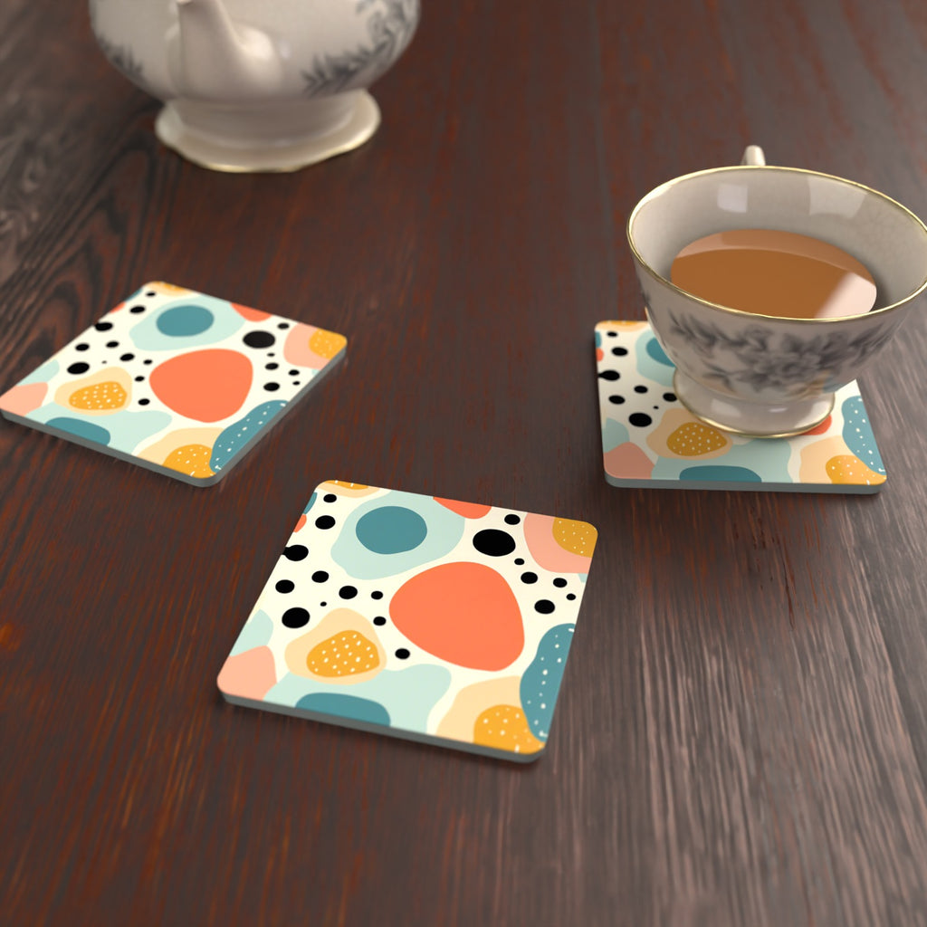 Boho Blobs & Dots Square Glass Coasters – Set of 6 – lifestyle mockup with a teacup