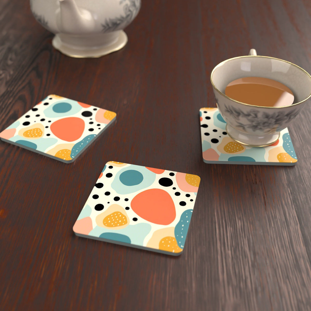 Boho Blobs & Dots Square Glass Coasters – Set of 6 – lifestyle mockup with a teacup