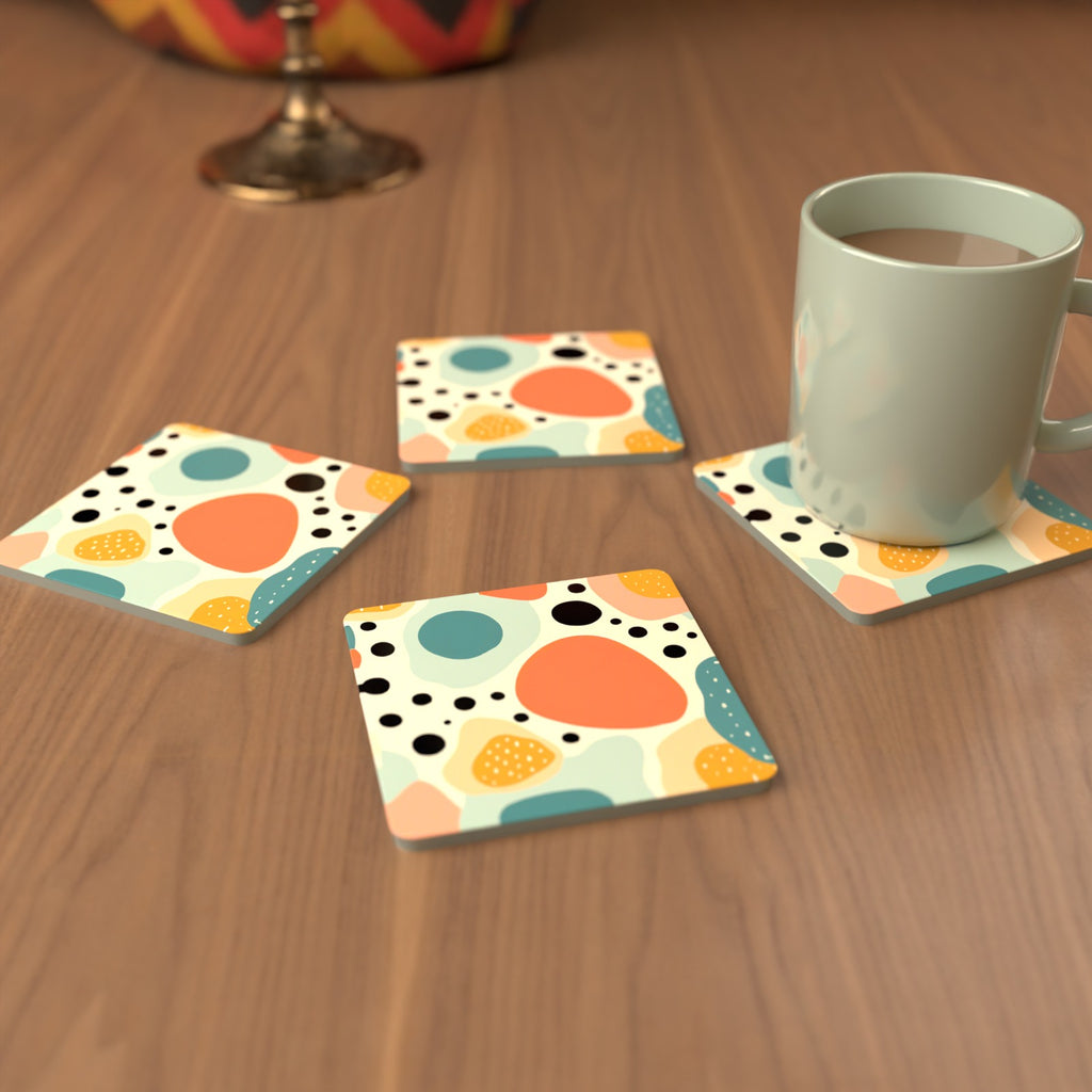 Boho Blobs & Dots Square Glass Coasters – Set of 6 – cosy lifestyle mockup
