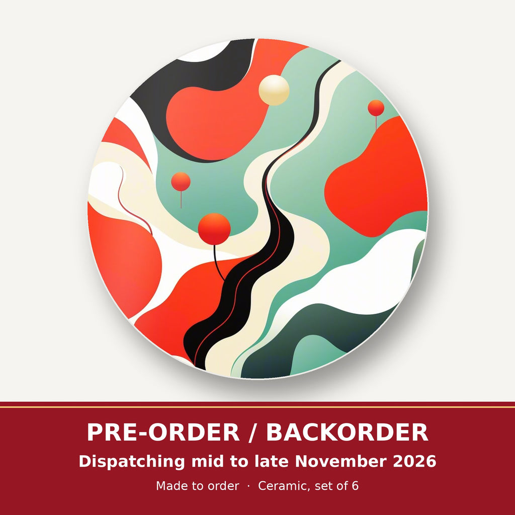 Mid-Century Wavy Abstract round ceramic coaster set of 6 – pre-order / backorder, dispatching mid to late November 2026
