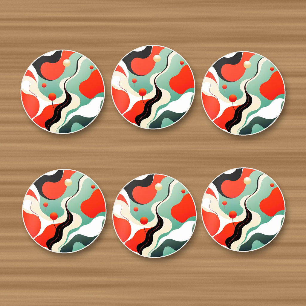 Mid-Century Wavy Abstract round ceramic coasters, set of 6, on an oak coffee table