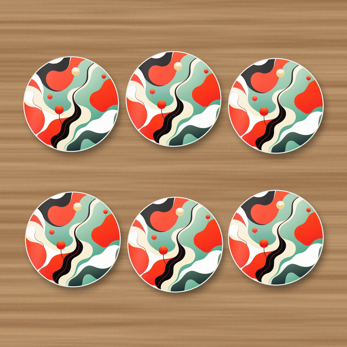 Mid-Century Wavy Abstract round ceramic coasters, set of 6, on an oak coffee table