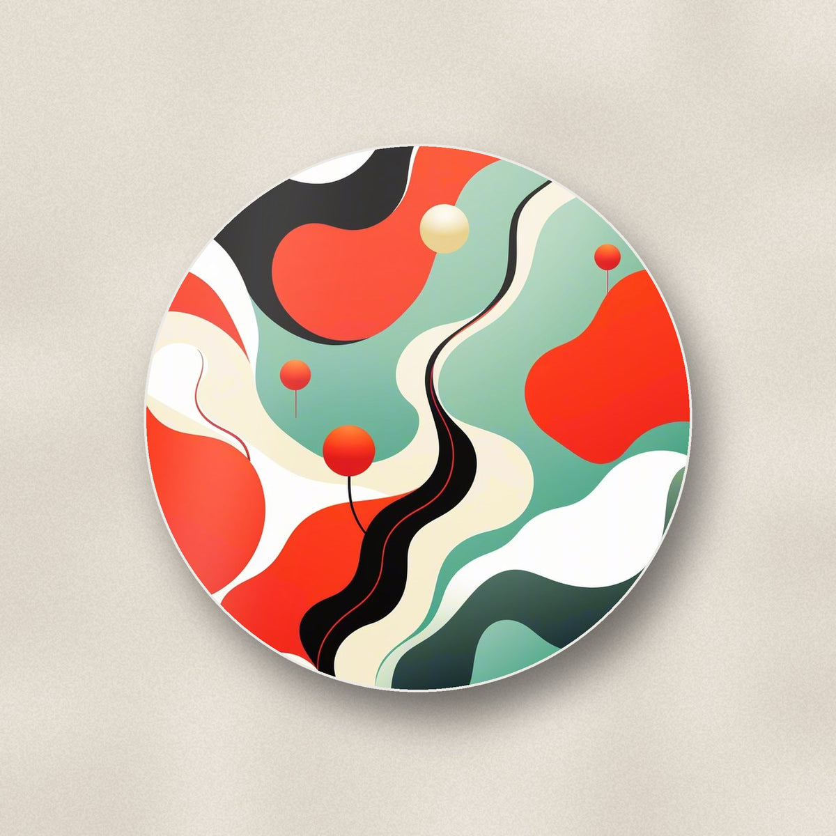 Close-up of one mid-century wavy abstract round ceramic coaster, flat UV print