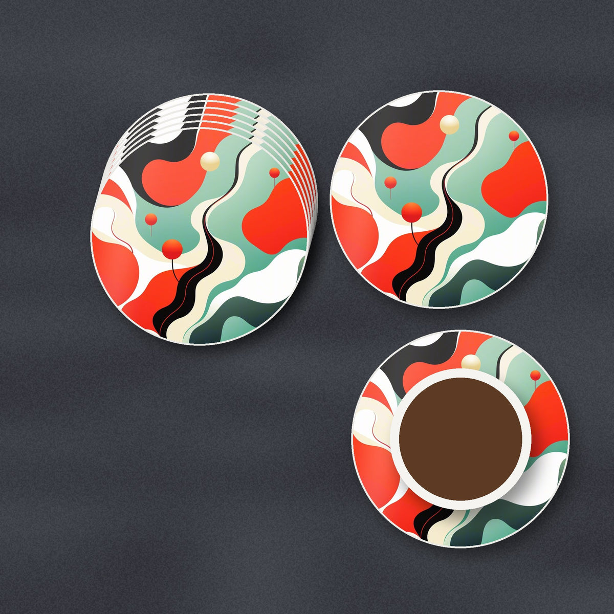 Mid-Century Wavy Abstract round ceramic coasters stacked on a slate kitchen worktop