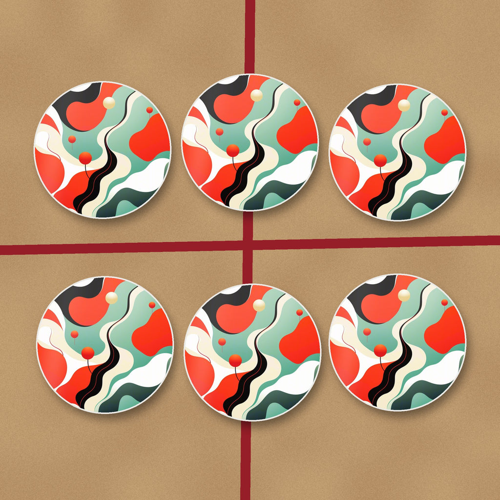 Mid-Century Wavy Abstract round ceramic coasters on kraft gift wrap