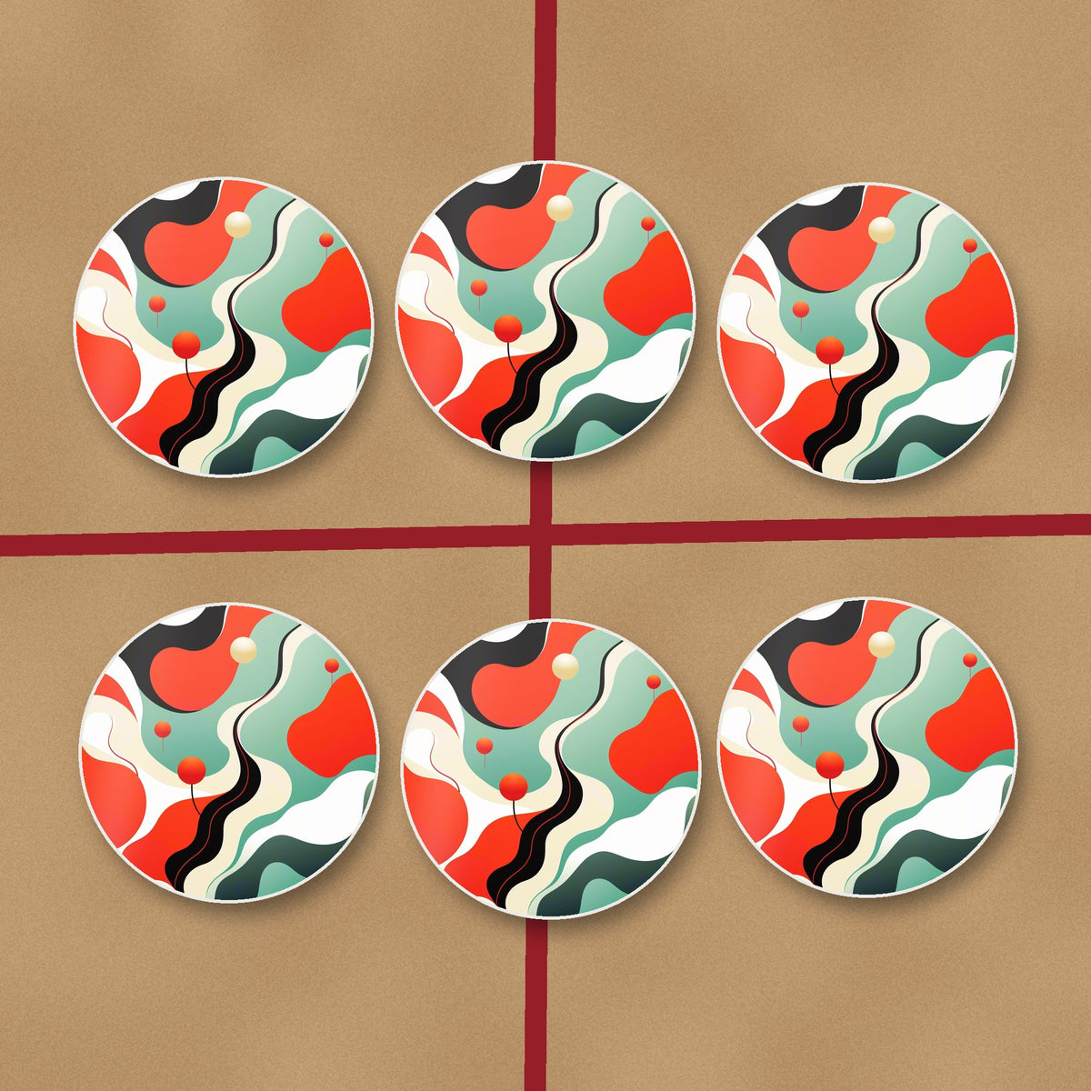Mid-Century Wavy Abstract round ceramic coasters on kraft gift wrap