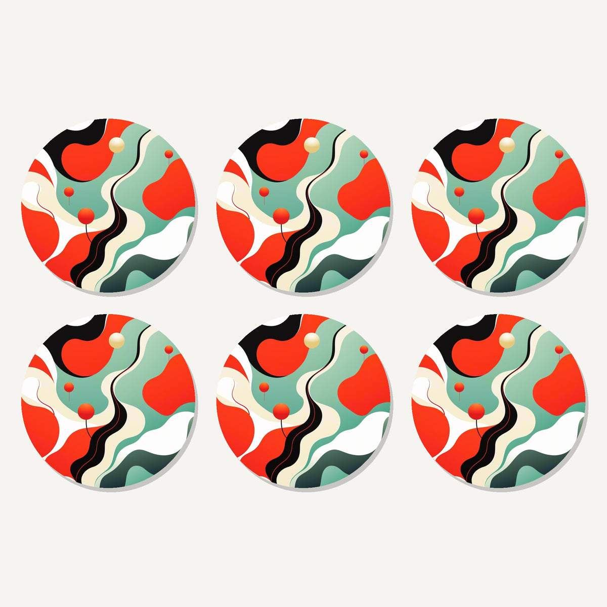 Flat lay of the mid-century wavy abstract artwork on six round coasters