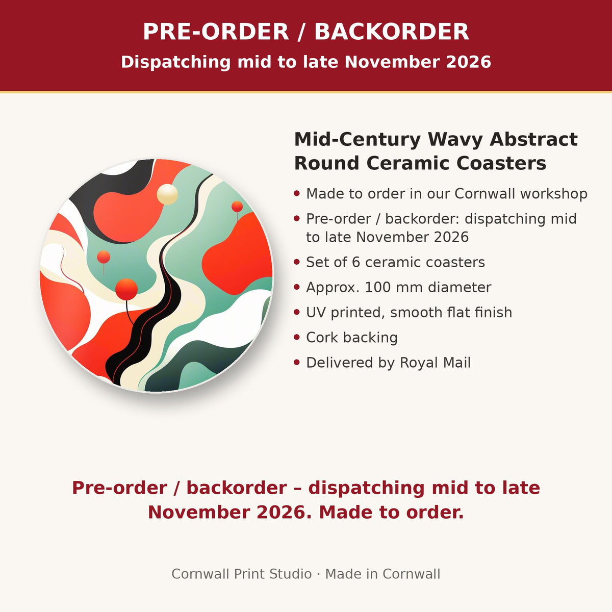 Info card: Mid-Century Wavy Abstract Round Ceramic Coasters – Set of 6, made to order, dispatching mid to late November 2026, delivered by Royal Mail