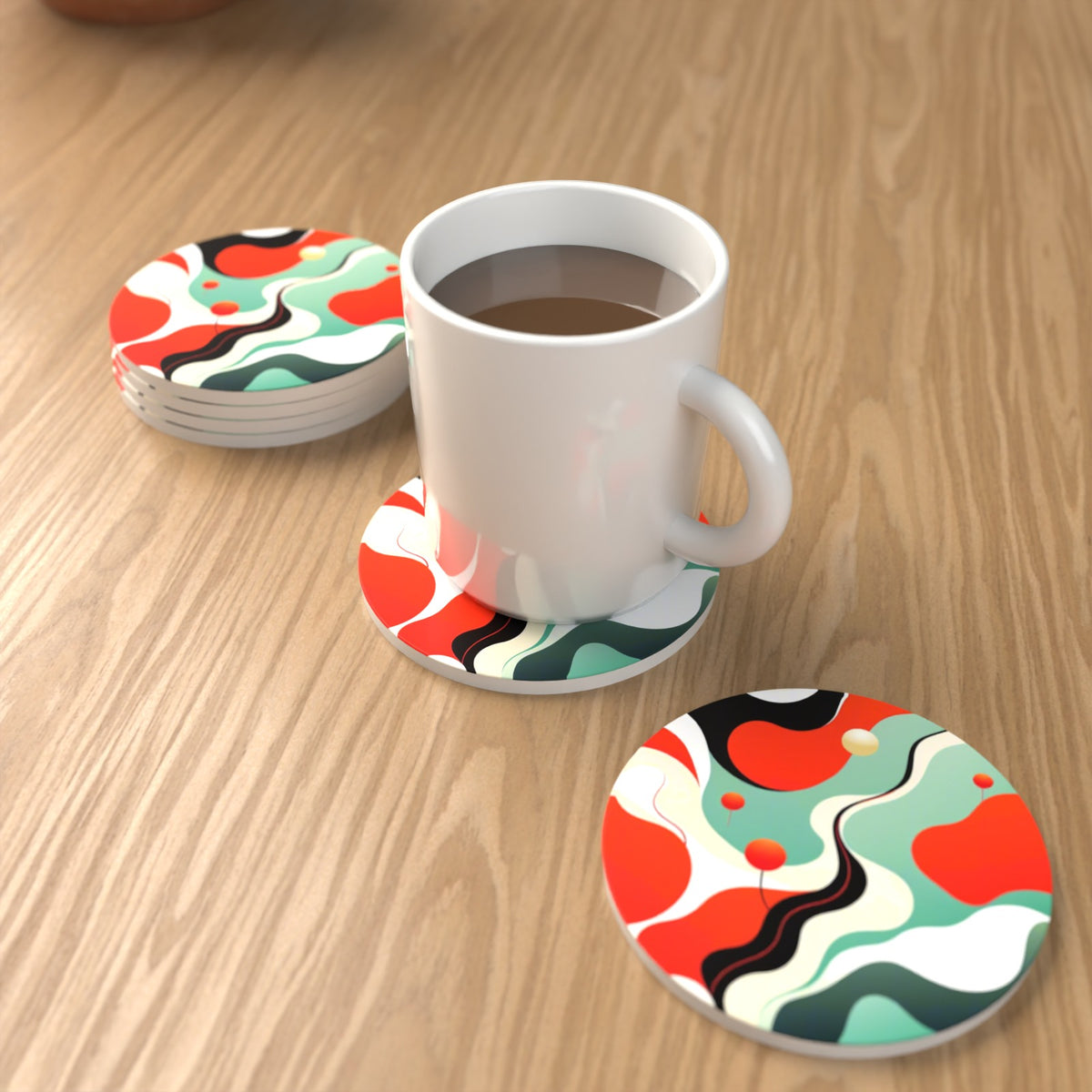 Mid-Century Wavy Abstract Round Ceramic Coasters – Set of 6 – lifestyle mockup with a mug of coffee