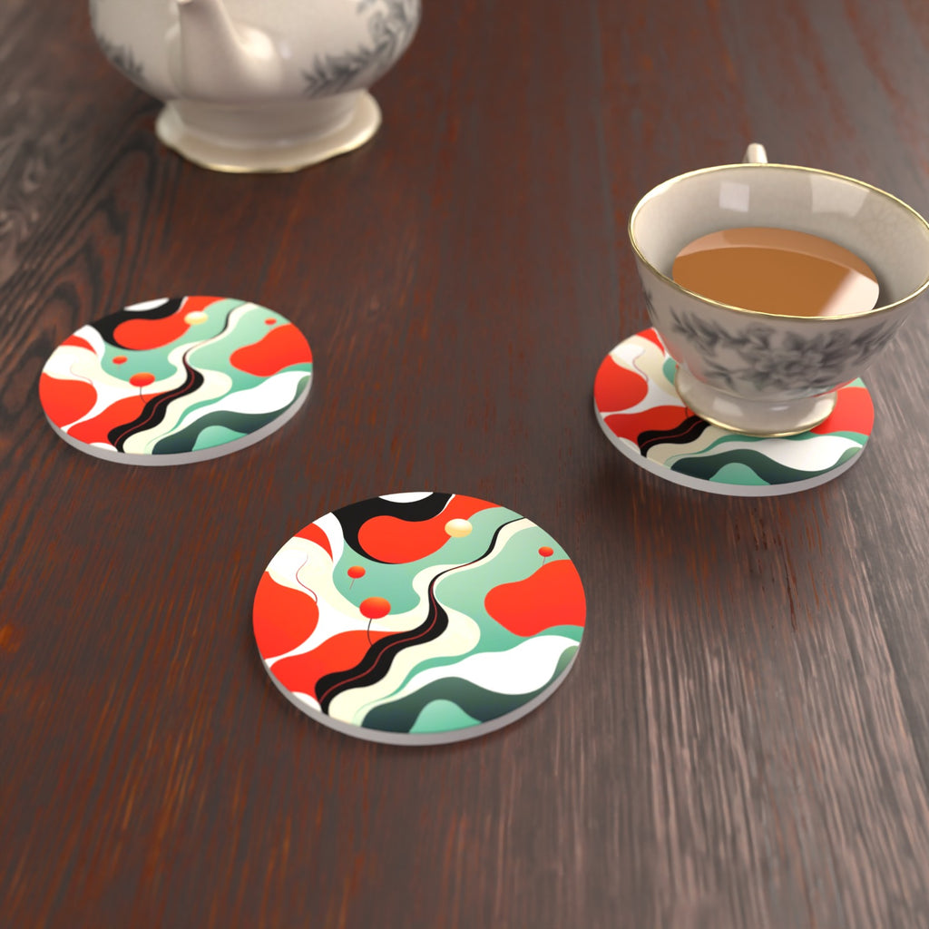Mid-Century Wavy Abstract Round Ceramic Coasters – Set of 6 – lifestyle mockup with a teacup