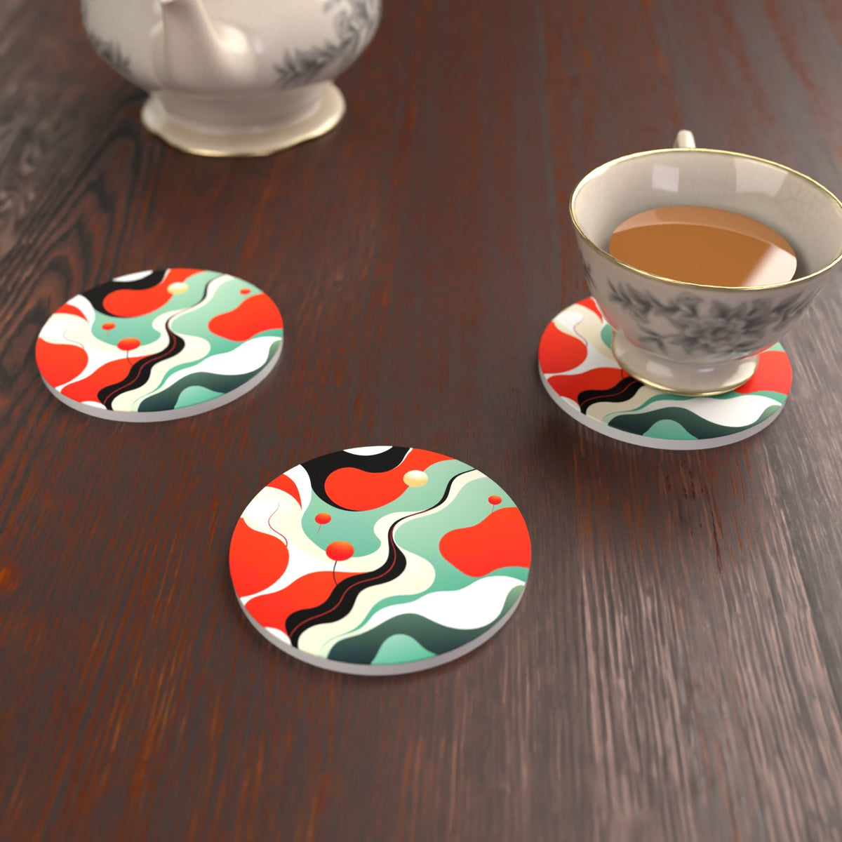 Mid-Century Wavy Abstract Round Ceramic Coasters – Set of 6 – lifestyle mockup with a teacup
