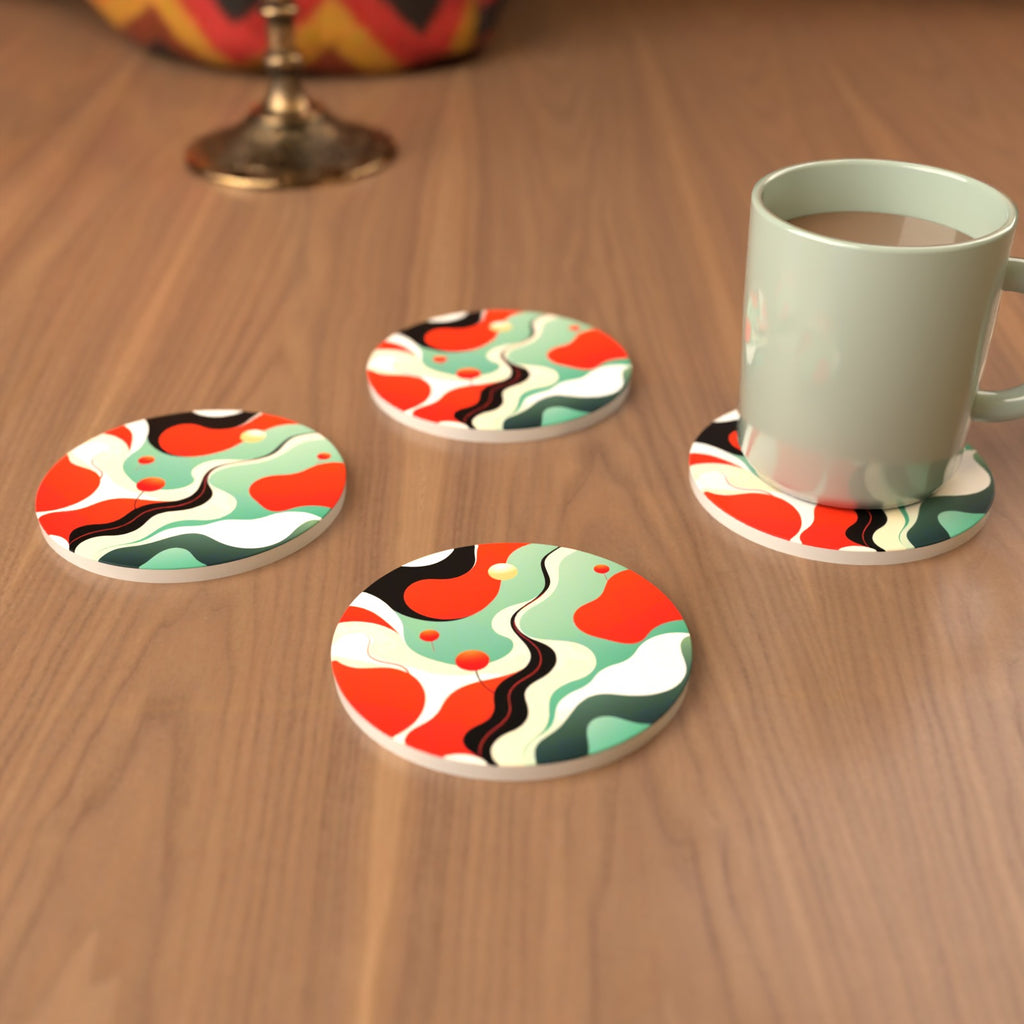 Mid-Century Wavy Abstract Round Ceramic Coasters – Set of 6 – cosy lifestyle mockup