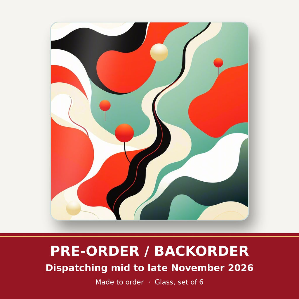 Mid-Century Wavy Abstract square glass coaster set of 6 – pre-order / backorder, dispatching mid to late November 2026