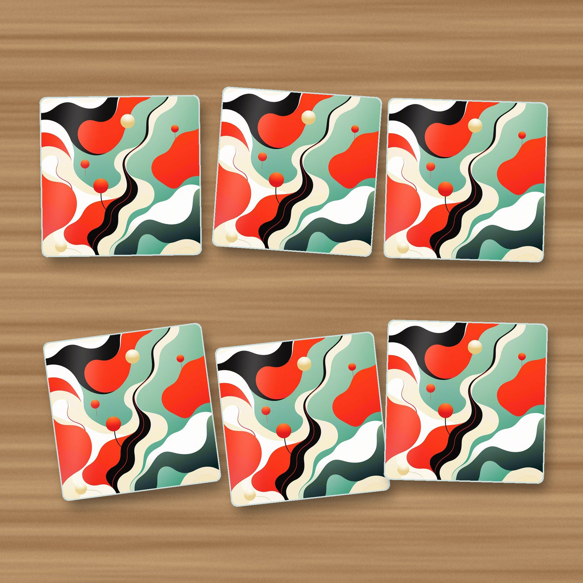 Mid-Century Wavy Abstract square glass coasters, set of 6, on an oak coffee table