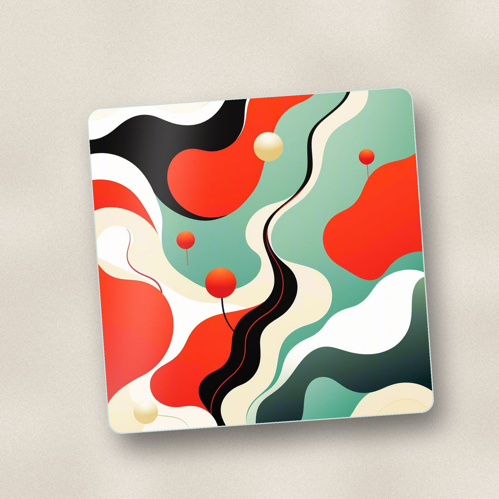 Close-up of one mid-century wavy abstract square glass coaster, flat UV print