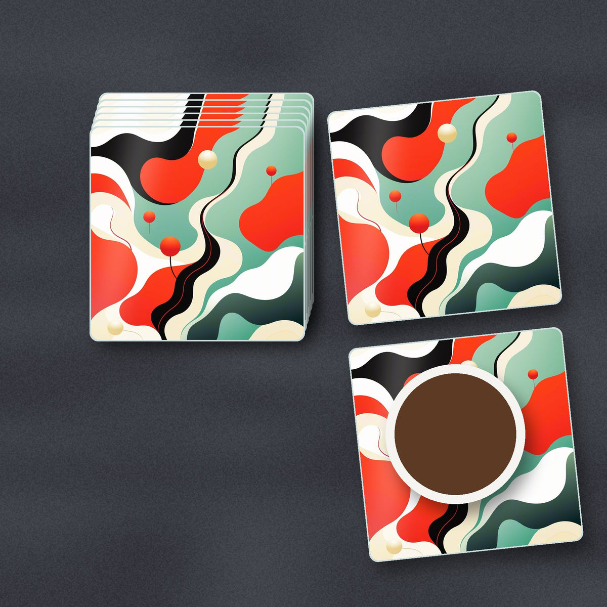 Mid-Century Wavy Abstract square glass coasters stacked on a slate kitchen worktop
