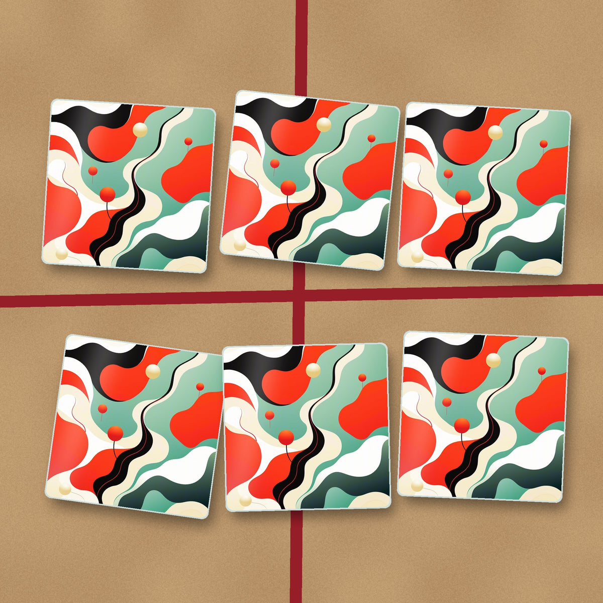 Mid-Century Wavy Abstract square glass coasters on kraft gift wrap