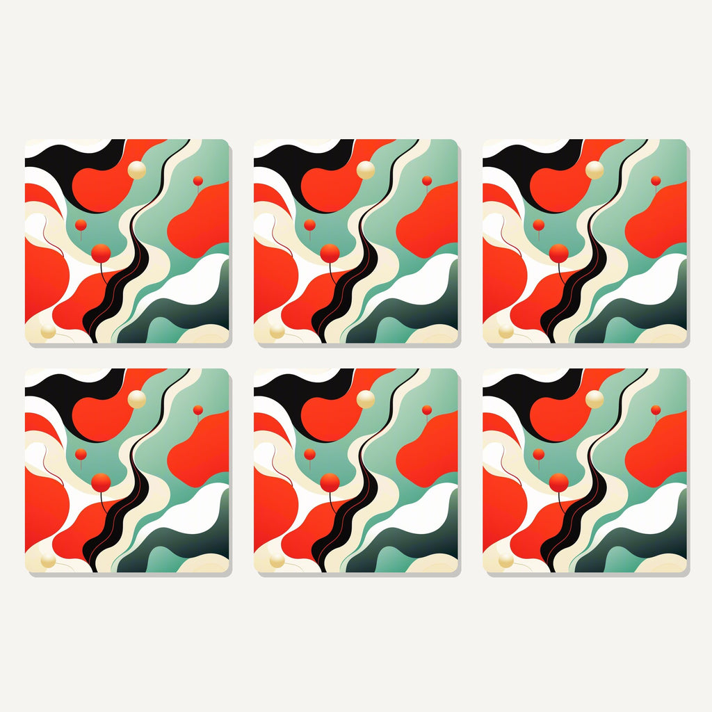 Flat lay of the mid-century wavy abstract artwork on six square coasters