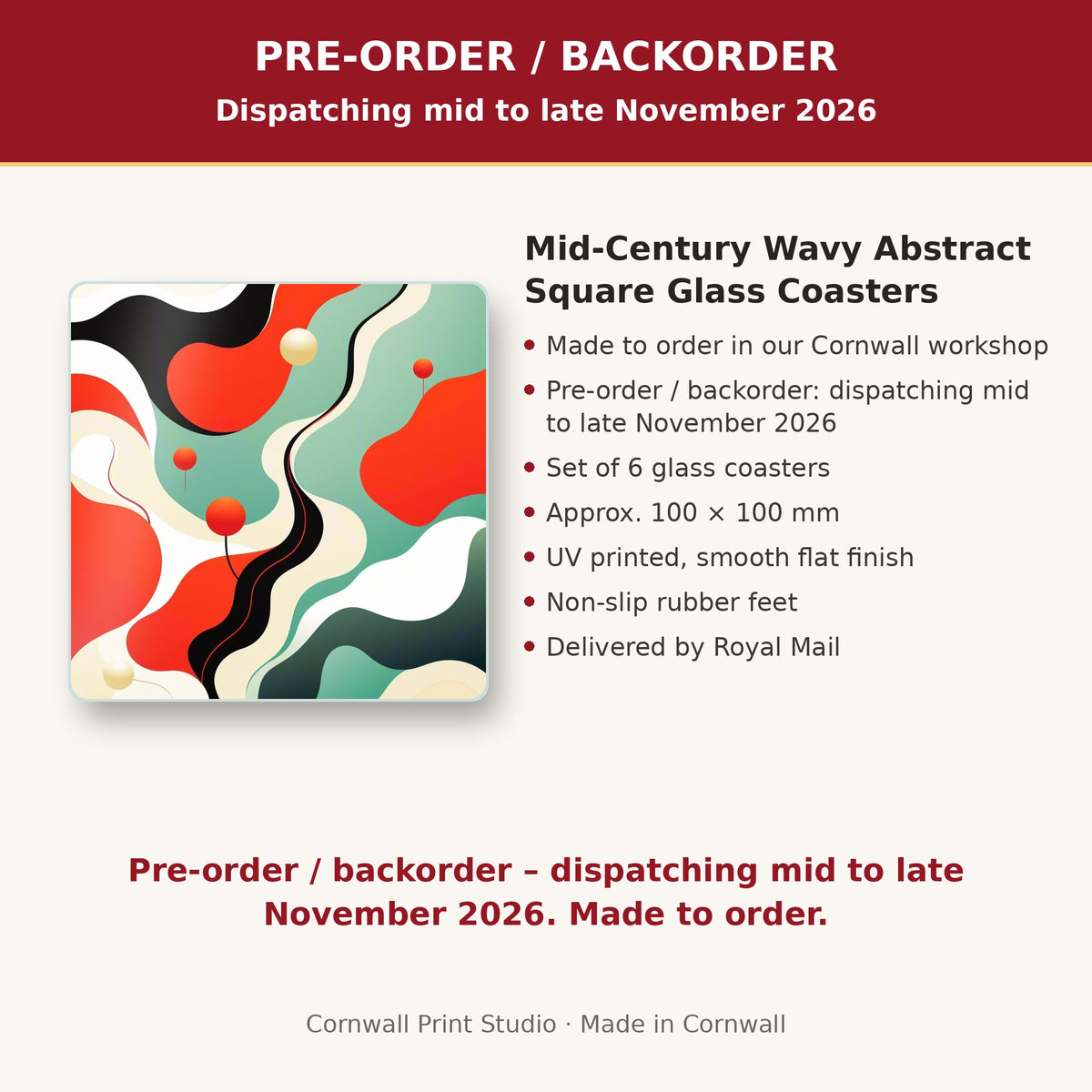 Info card: Mid-Century Wavy Abstract Square Glass Coasters – Set of 6, made to order, dispatching mid to late November 2026, delivered by Royal Mail