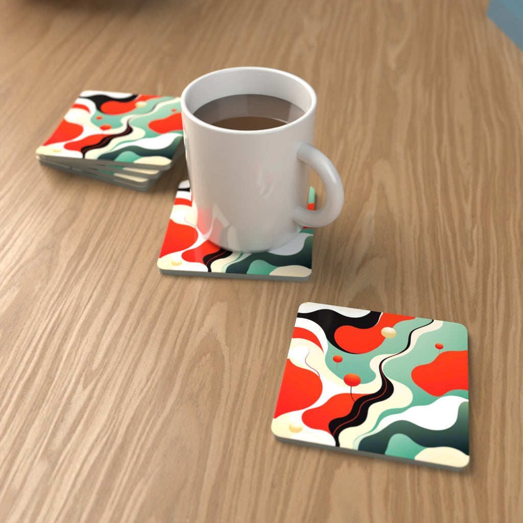Mid-Century Wavy Abstract Square Glass Coasters – Set of 6 – lifestyle mockup with a mug of coffee