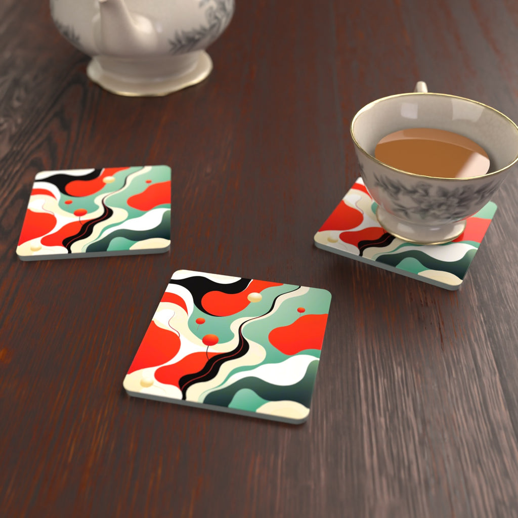 Mid-Century Wavy Abstract Square Glass Coasters – Set of 6 – lifestyle mockup with a teacup