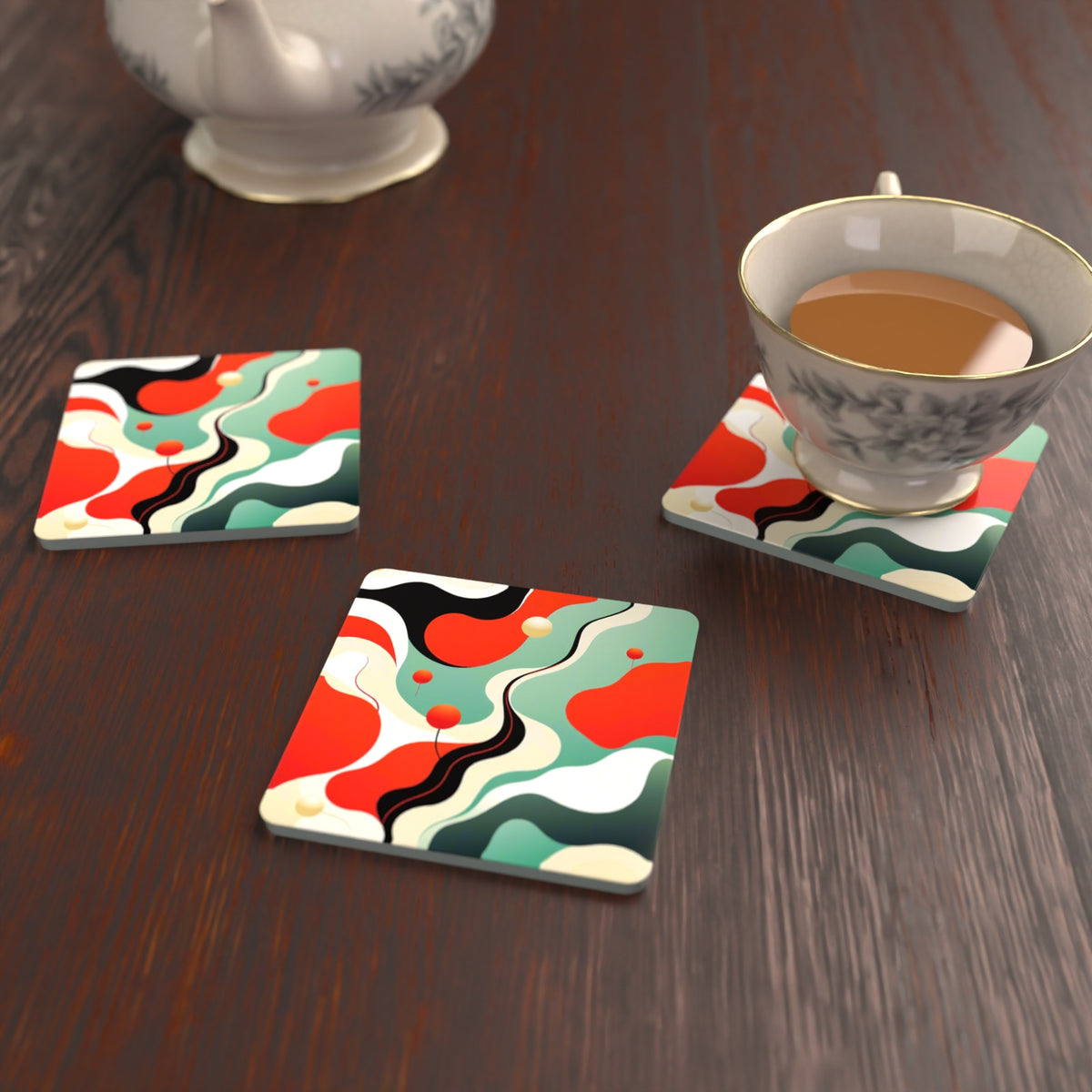 Mid-Century Wavy Abstract Square Glass Coasters – Set of 6 – lifestyle mockup with a teacup