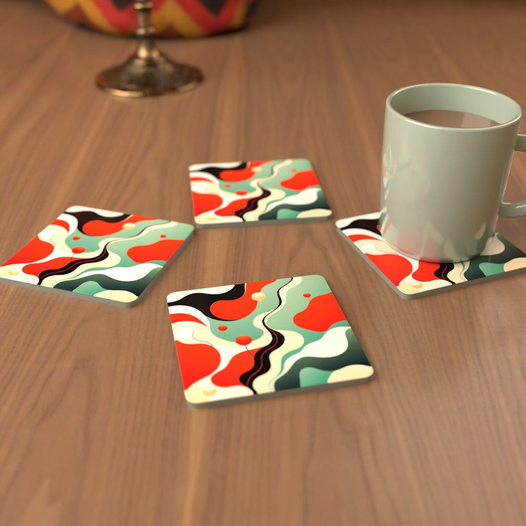 Mid-Century Wavy Abstract Square Glass Coasters – Set of 6 – cosy lifestyle mockup