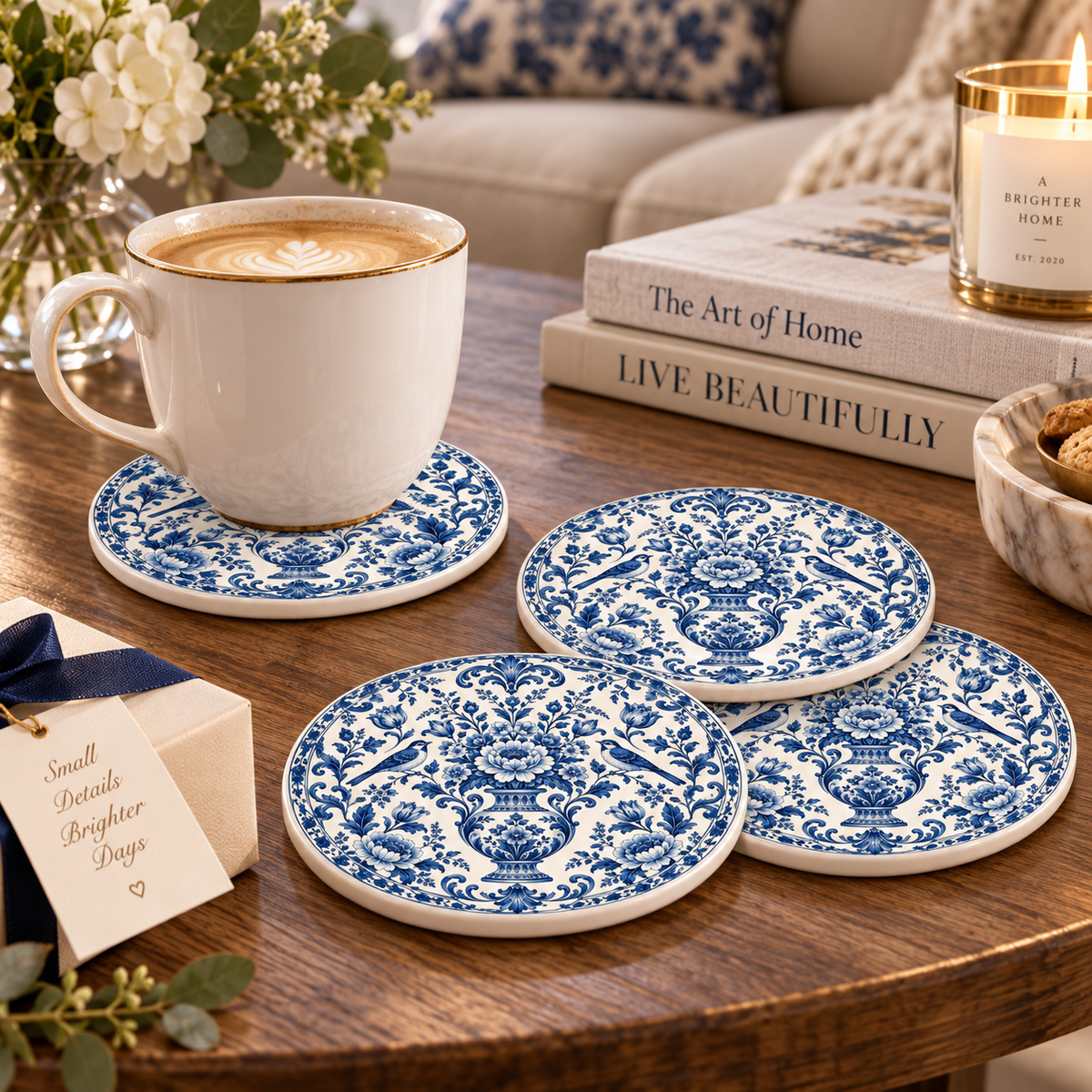 Four round ceramic coasters with a blue and white damask pattern are arranged on a wooden table next to a white coffee mug on a matching coaster. The setting is a cozy living room table with books, a candle, and a small gift box.
