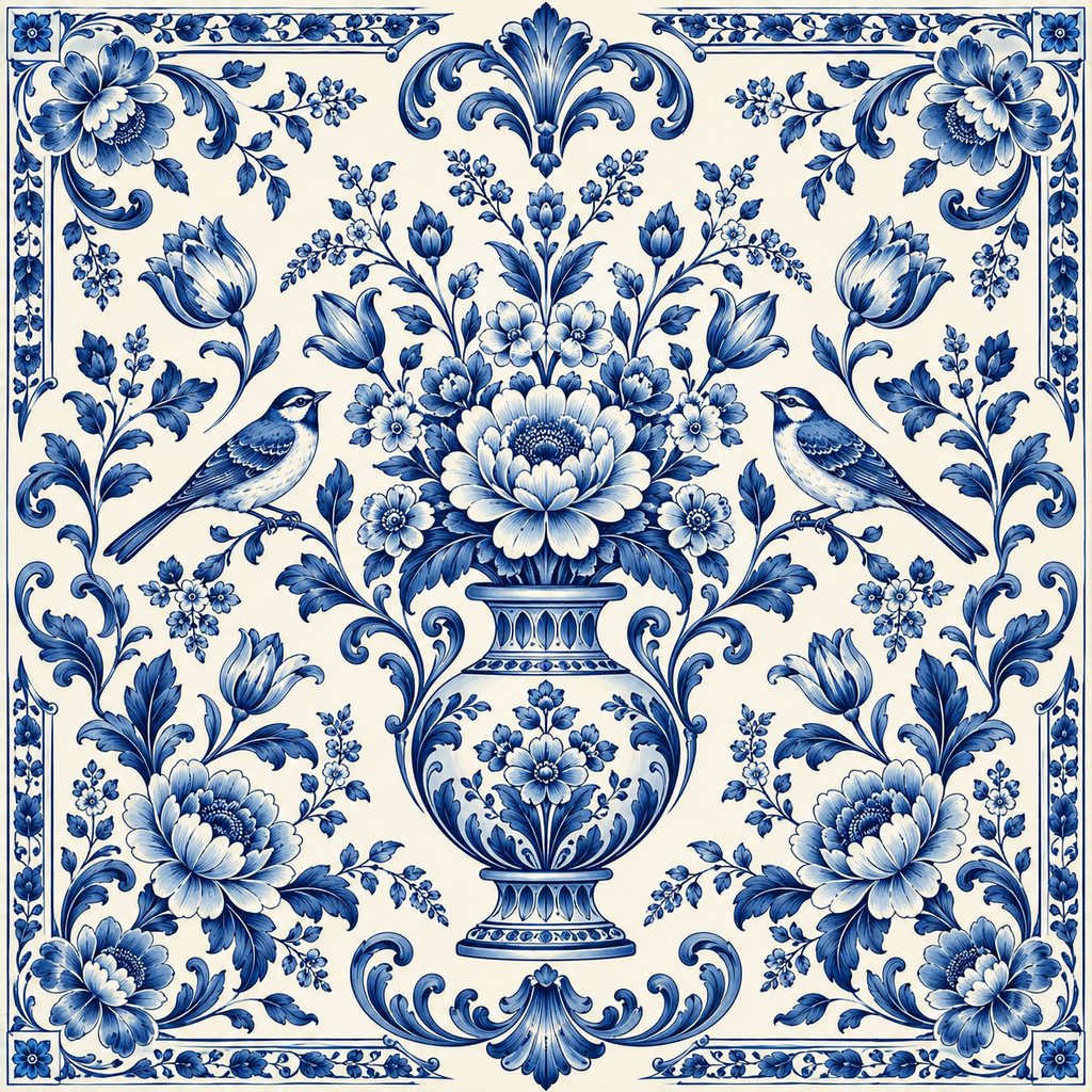 Blue and white porcelain-style tile featuring an ornate floral pattern with a central vase, surrounding blossoms, scrolling foliage, and two small birds.
