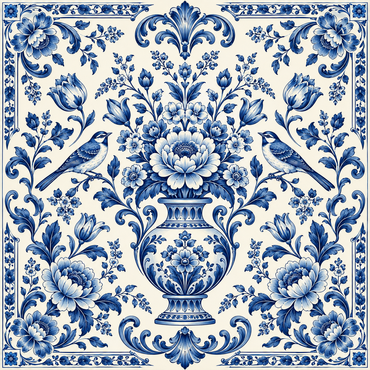 Blue and white porcelain-style tile featuring an ornate floral pattern with a central vase, surrounding blossoms, scrolling foliage, and two small birds.