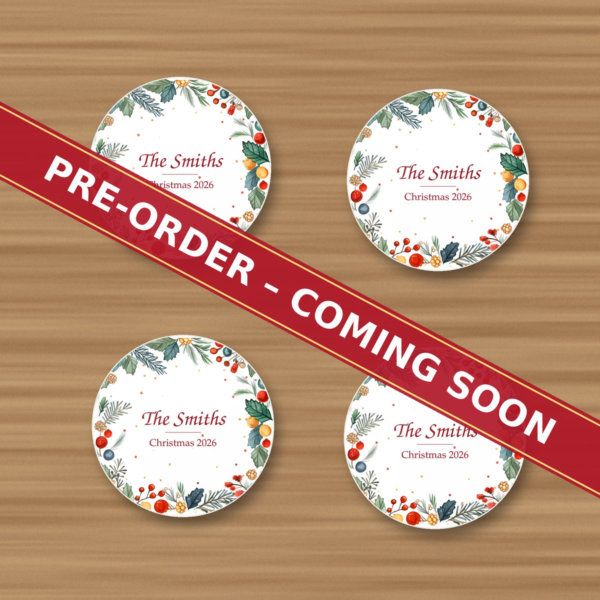 Personalised name and date coasters, holly and berry wreath, The Smiths Christmas 2026, set of 4 glossy, pre-order coming soon