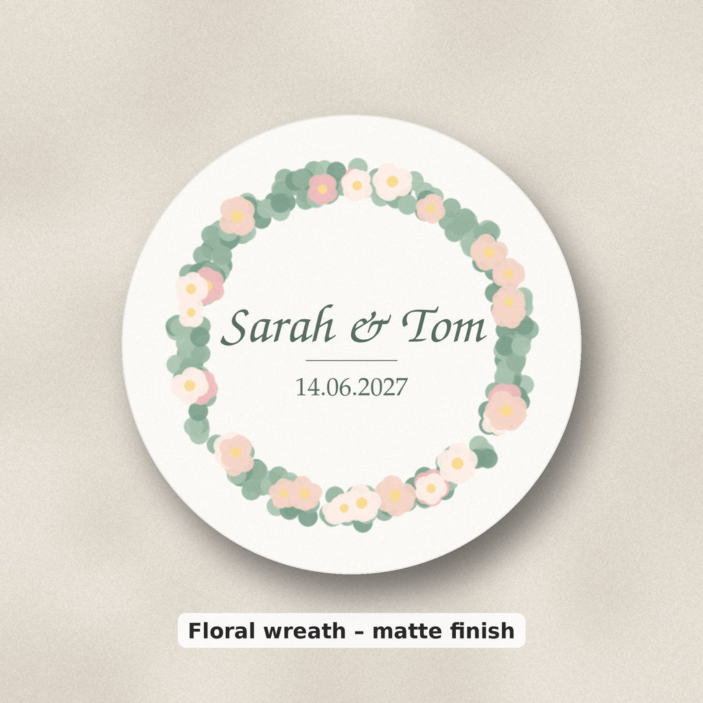 Personalised floral wreath coaster reading Sarah & Tom, 14.06.2027, matte finish