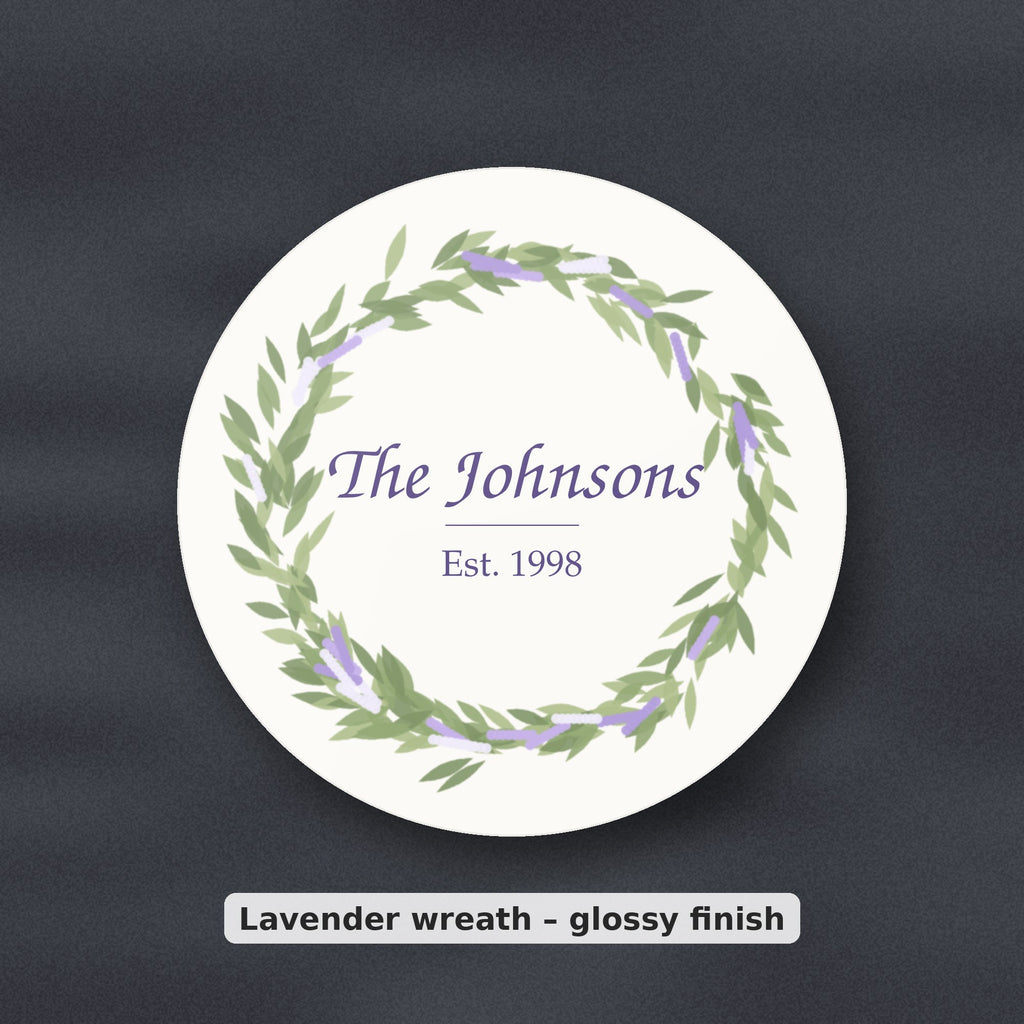 Personalised lavender wreath coaster reading The Johnsons, Est. 1998, glossy finish