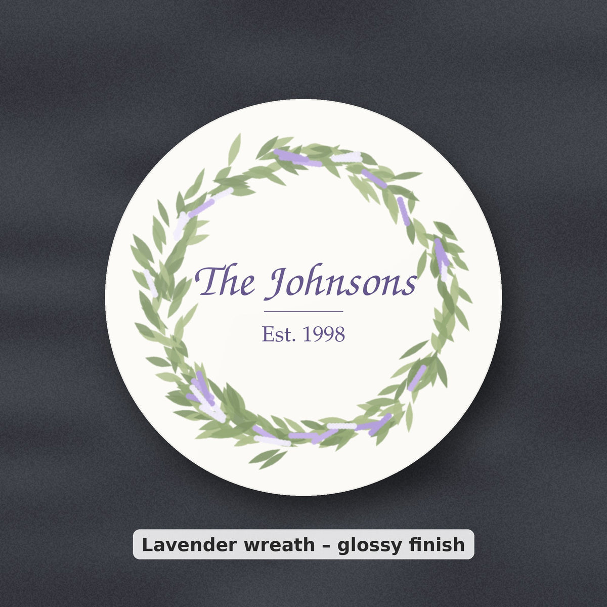 Personalised lavender wreath coaster reading The Johnsons, Est. 1998, glossy finish