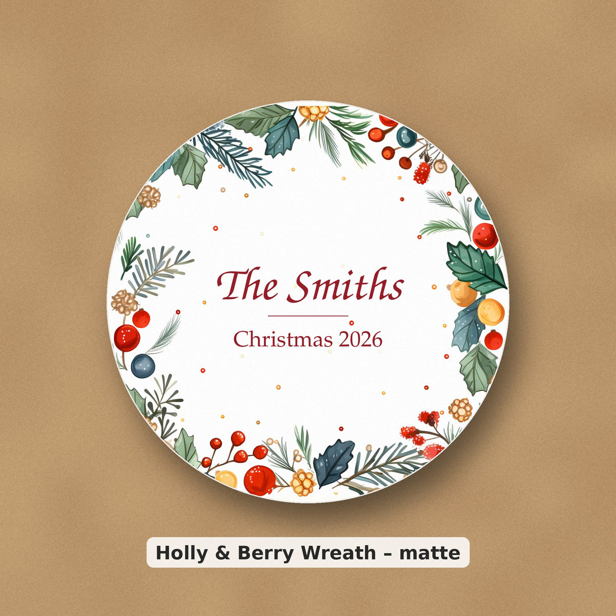 Personalised holly and berry wreath coaster, matte finish, on kraft paper