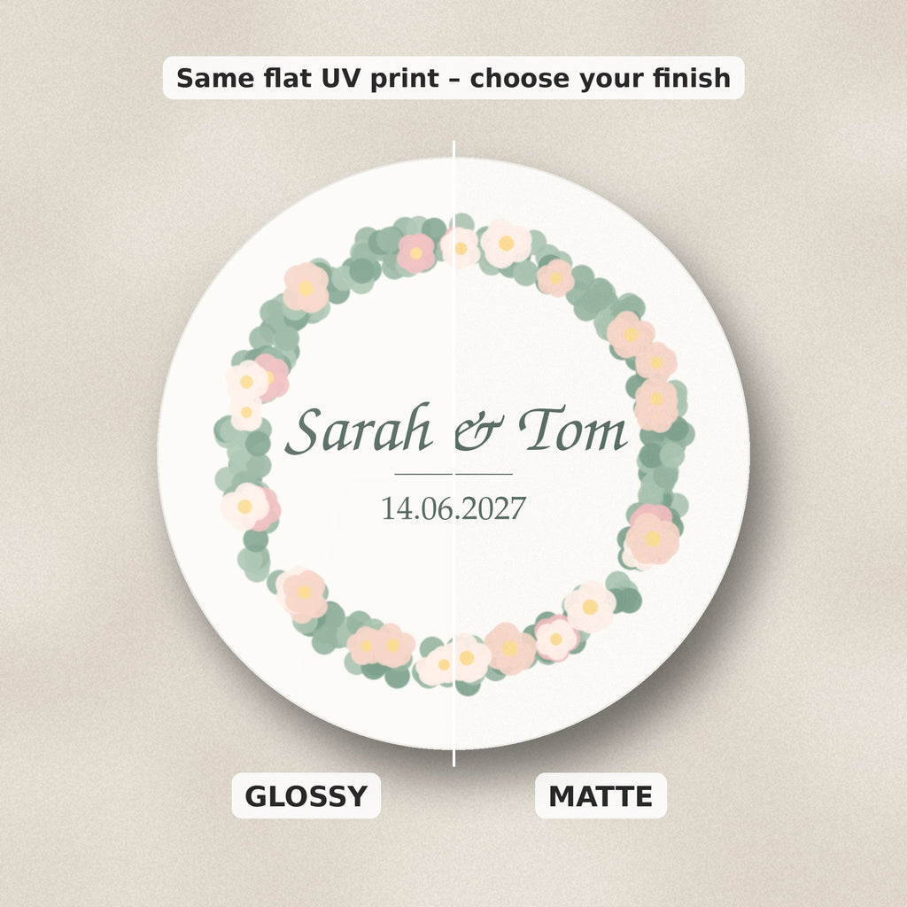 Glossy and matte finish compared on one personalised floral wreath coaster