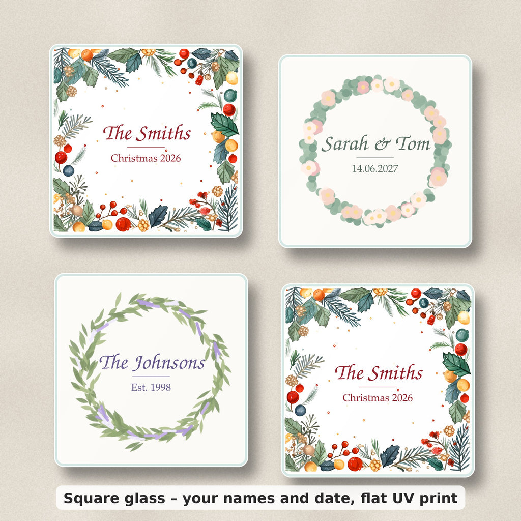 Set of 4 personalised square glass coasters with holly, eucalyptus and lavender wreath designs and names, glossy flat UV print, on linen