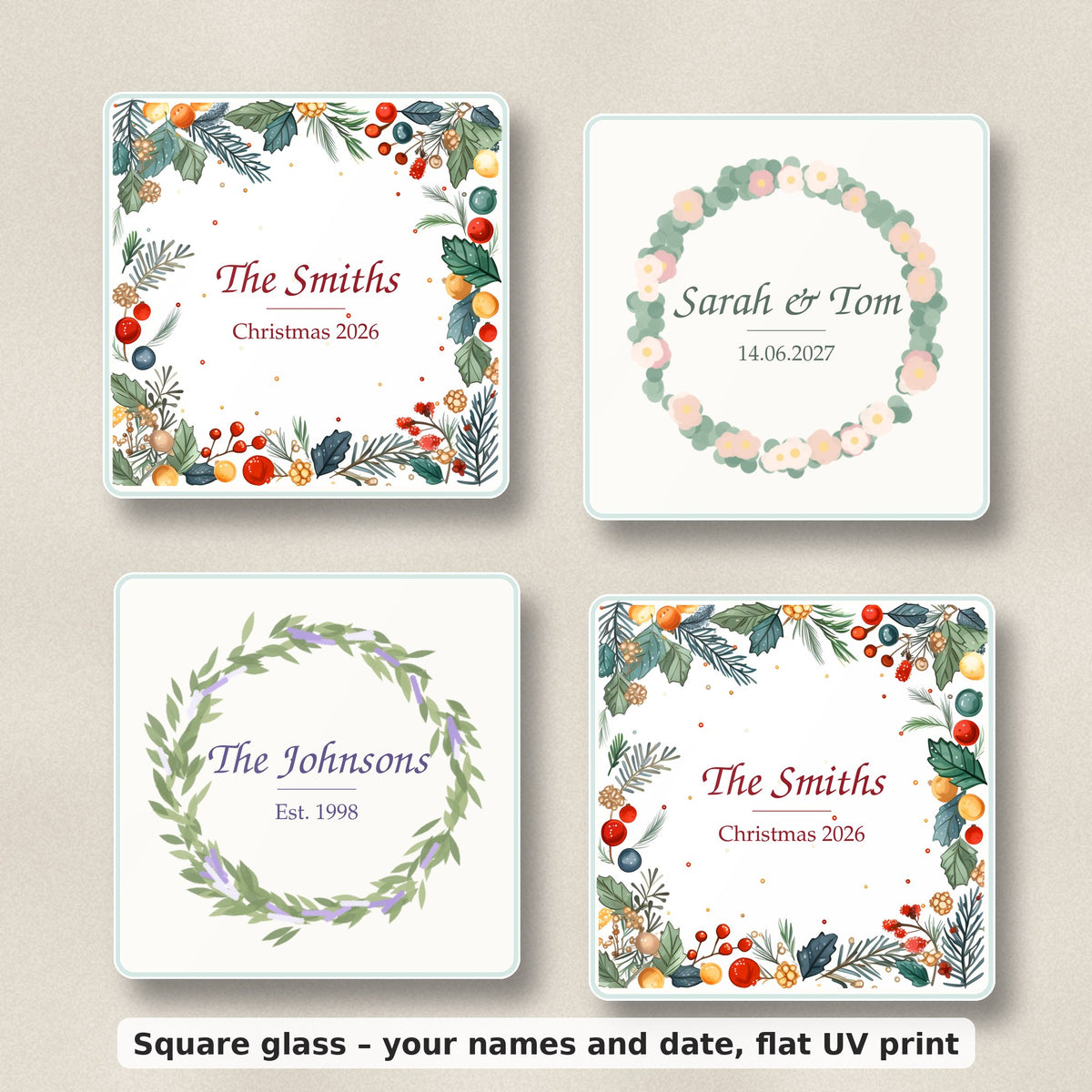 Set of 4 personalised square glass coasters with holly, eucalyptus and lavender wreath designs and names, glossy flat UV print, on linen