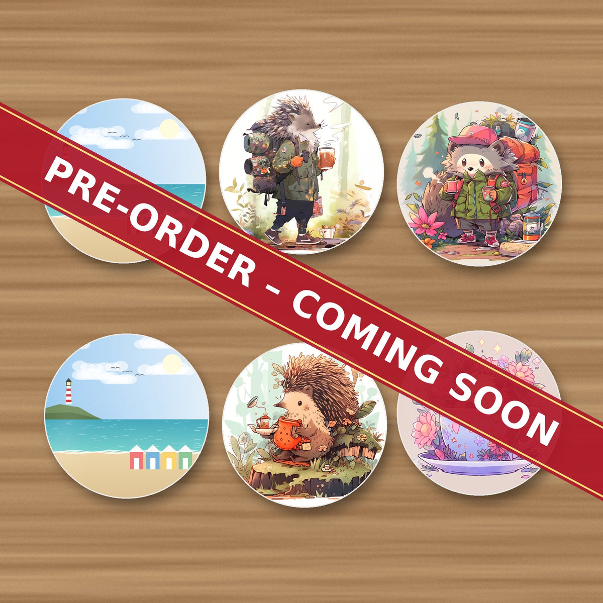 Your Photo Coasters finished example set of 6 with a seaside photo and artwork, glossy, pre-order coming soon