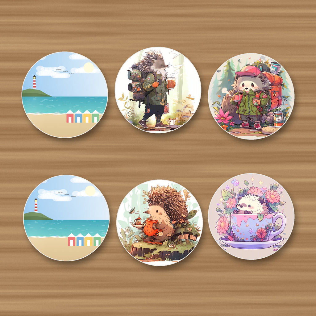 Set of 6 custom round ceramic coasters printed with a seaside photo and artwork, glossy finish, on an oak table