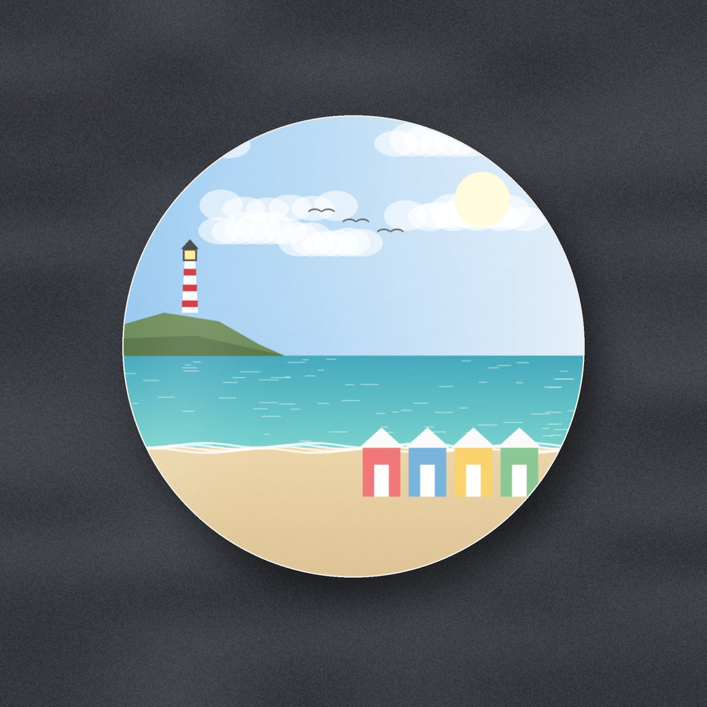 One custom photo coaster with a bright seaside photo, glossy finish, flat UV print, on slate